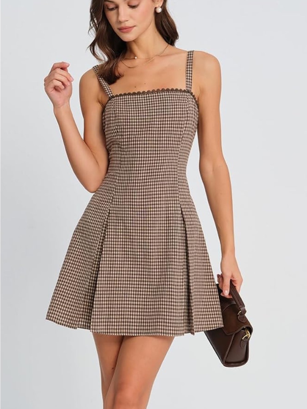 ✨NWT✨Brown Gingham Square-Neck Mini Dress - Picture 3 of 4